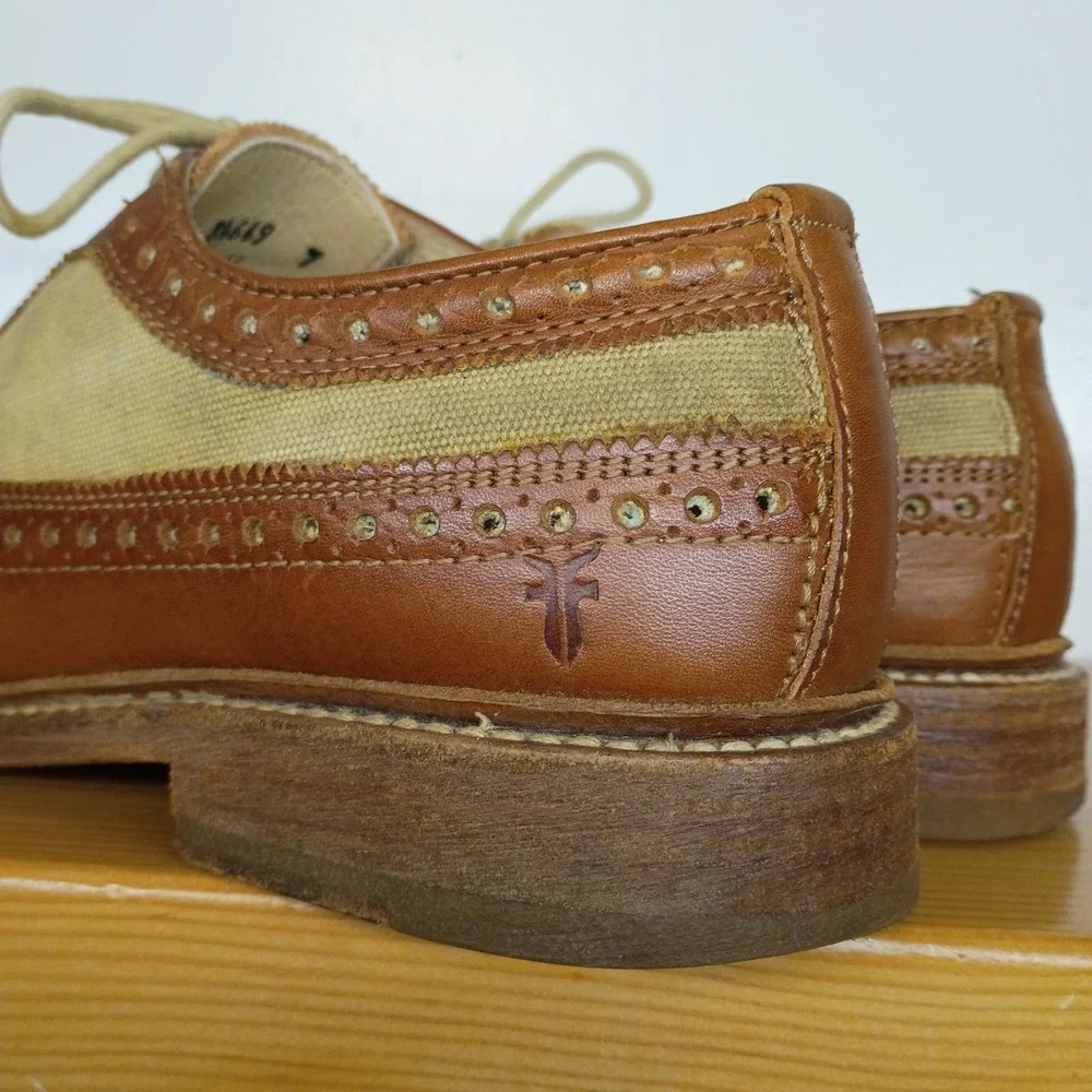 Frye Company John A. Frye Wingtip Oxford Men's 10D Brown Leather Canvas Brogue